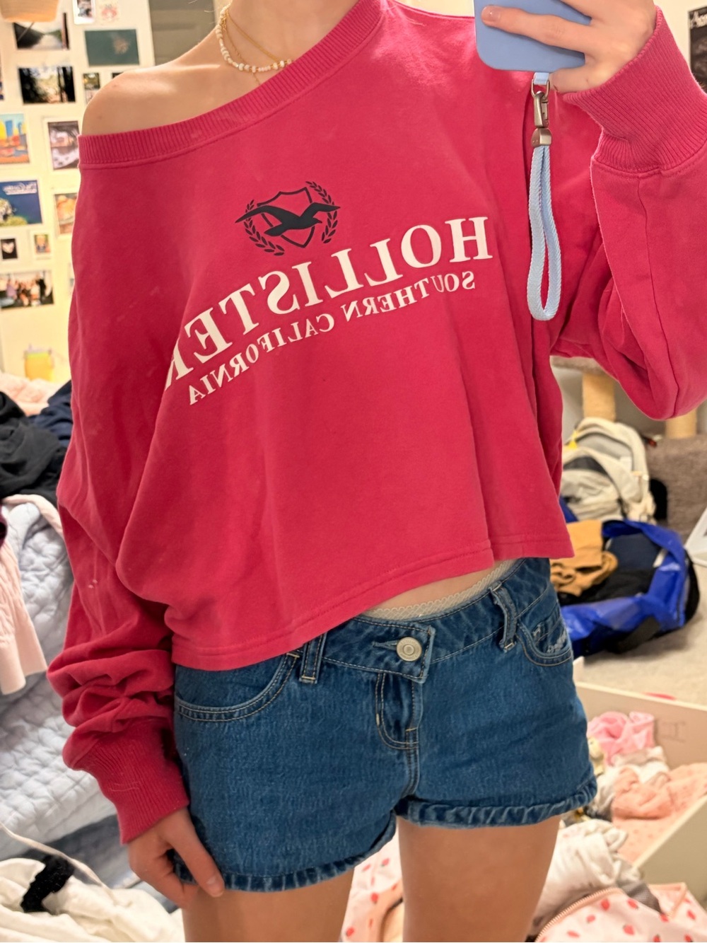 Hollister Off-Shoulder Cropped Sweatshirt in Bright Pink